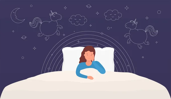 Woman Sleeps Bed Blanket Concept Healthy Sweet Dreams — стоковый вектор