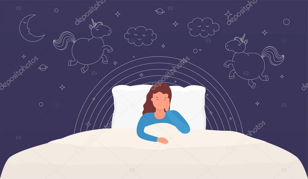 Woman sleeps in bed under blanket. Concept healthy sweet dreams.