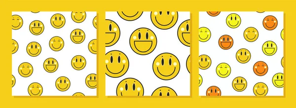 Usmívající Tváře Bezproblémové Vzory Různými Emocemi Emoji Čtvercové Plakáty Retro — Stockový vektor