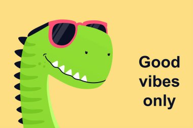 Güneş gözlüklü dinozor kafası, çizgi film tarzı..