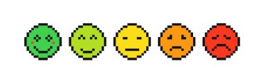Değişik duyguları olan yuvarlak pikselli yüz ifadeleri, neşeli, tarafsız, üzgün. Eski moda Emoji simgeleri.