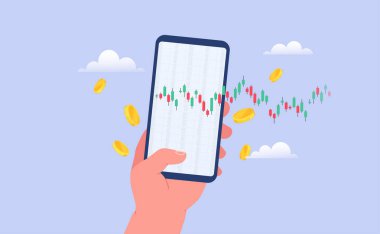 Akıllı telefondan hisse senedi ticareti, şamdan şeması olan kripto para birimi. Mobil piyasa analizi kavramı.