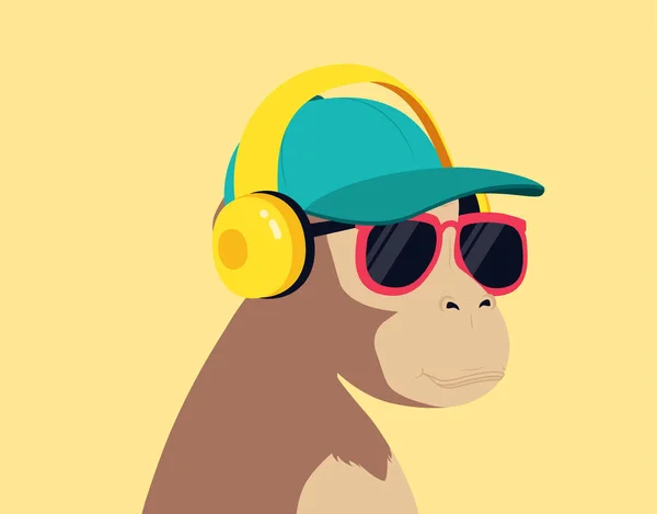 Monkey Listens Music Headphones Avatar Chimpanzee Cap Glasses — Stock Vector