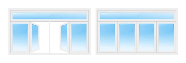 White Window Frame Glass Plastic Window Closed Open White Background — Stock Vector