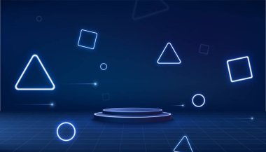 3D futuristic cylindrical podium on blue background with neon lights. Sci-fi pedestal with geometric fluorescent shapes.