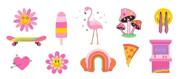 Set Cartoon Characters Objects Retro Style Flamingos Rainbow Smiley Slot — Wektor stockowy