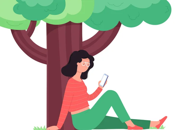 Woman Smartphone Sits Tree Girl Using Smartphone Study Online Makes — Vector de stock