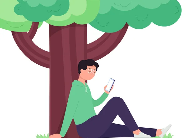 Man Smartphone Sits Tree Girl Using Smartphone Study Online Makes — Vector de stock