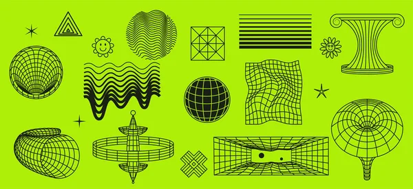 Retro Futuristic Geometric Figures Cosmic Shapes Lines Surrealistic Elements Grid — Stok Vektör