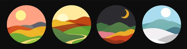 Nature Landscapes Retro Style Mountains Hills Sunset Sunrise — Vector de stock