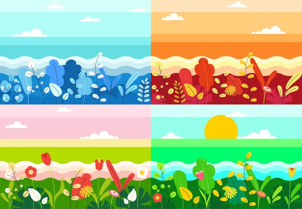 Paisajes Estacionales Con Plantas Flores Ríos Campos Invierno Primavera Verano — Vector de stock