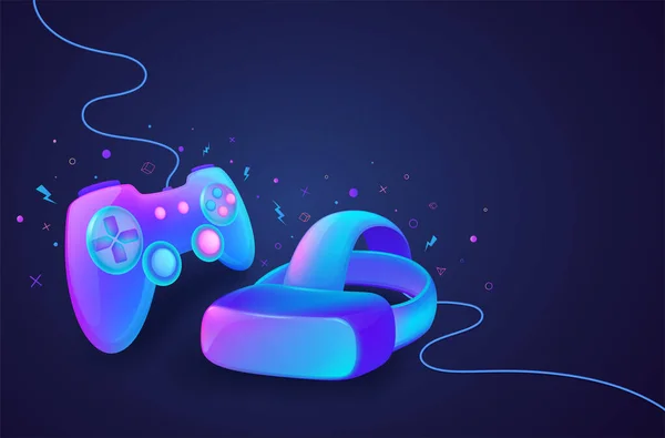 Neon Game Controller Okularami Wirtualnej Rzeczywistości Sterowania Grami Komputerowymi Konsolowymi — Wektor stockowy