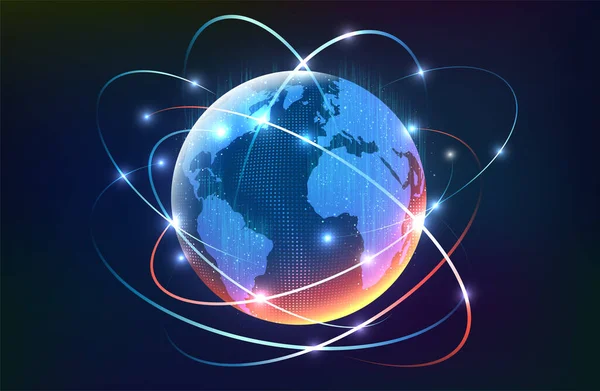 世界的なソーシャルネットワーク接続 ドットを持つ3D地球地図 地球の軌道の周りに輝く光線を持つ惑星 — ストックベクタ