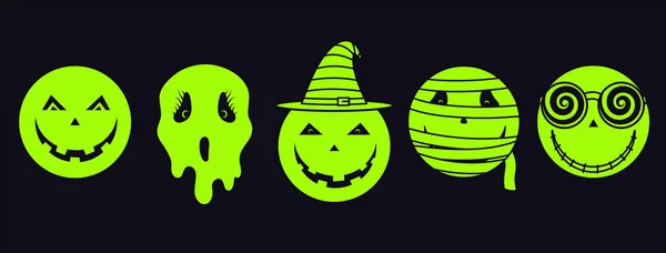 Halloween Sorrindo Rostos Assustadores Múmia Zombie Fantasmagórica Definir Feriado Temático —  Vetores de Stock