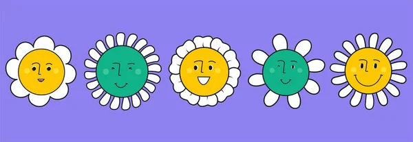 Kreskówkowe Uśmiechnięte Twarze Płatkami Śmieszne Kwiaty Różnymi Emocjami — Wektor stockowy