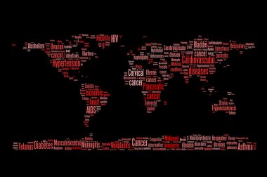 Dünya hastalık ve hastalık bilgisi metin grafik ve düzenleme word bulutlar planet earth kavramı