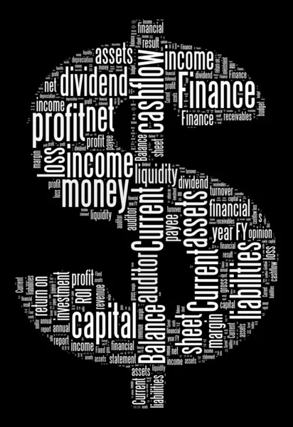 Dollar sign with finance terms or lingo info text graphics and arrangement — Stock Photo, Image