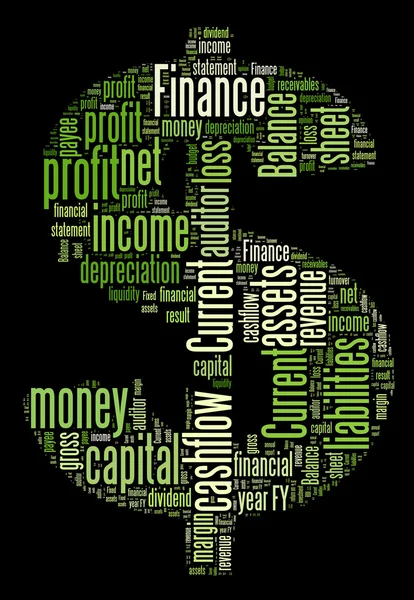 Dollar sign with finance terms or lingo info text graphics and arrangement — Stock Photo, Image
