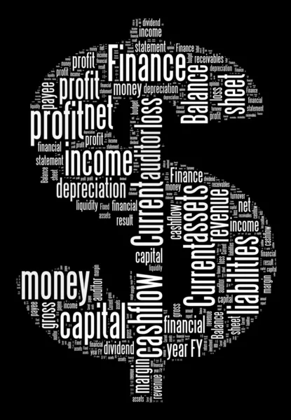 Dollar sign with finance terms or lingo info text graphics and arrangement — Stock Photo, Image