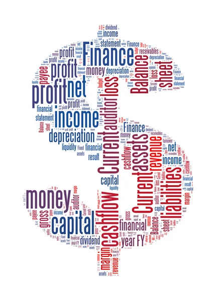 Dollar sign with finance terms or lingo info text graphics and arrangement — Stock Photo, Image