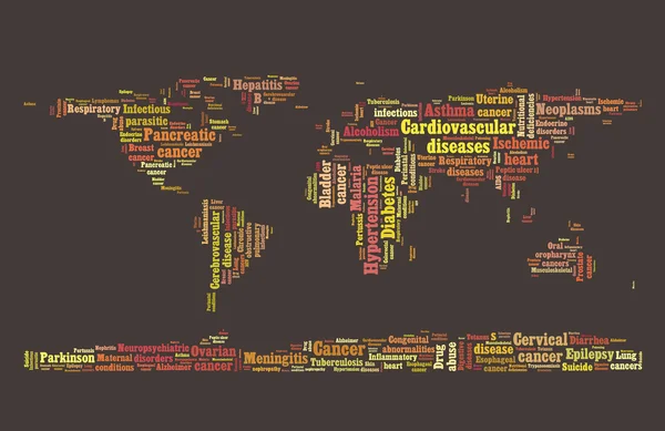 세계 질병 및 질병 정보 텍스트 그래픽 및 배열 단어 구름 행성 지구 개념 — 스톡 사진