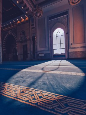 SENDAYAN, NEGERI SEMBILAN, MALAYSIA - CIRCA AUG 2022 : Interior of Masjid Sri Sendayan mosque in Seremban, Negeri Sembilan Malaysia. The mosque was constructed in 2019. Pastel color tone applied.