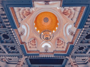 SENDAYAN, NEGERI SEMBILAN, MALAYSIA - CIRCA AUG 2022 : Interior of Masjid Sri Sendayan mosque in Seremban, Negeri Sembilan Malaysia. The mosque was constructed in 2019. Pastel color tone applied.