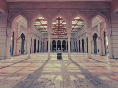 SENDAYAN, NEGERI SEMBILAN, MALAYSIA - CIRCA AUG 2022 : Interior of Masjid Sri Sendayan mosque in Seremban, Negeri Sembilan Malaysia. The mosque was constructed in 2019. Pastel color tone applied.