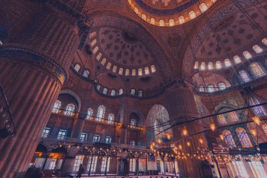 ISTANBUL, TURKEY CIRCA 2014 : Low light photography of interior view of Masjid Sultanahmet mosque (the Blue mosque)  in Istanbul, Turkey