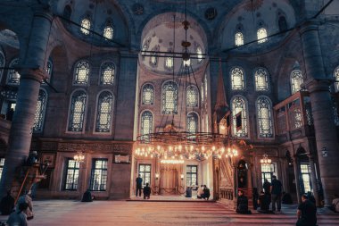 ISTANBUL, TURKEY - CIRCA 2015 : Low light photography of interior view of Masjid Eyup Sultan mosque in Istanbul, Turkey