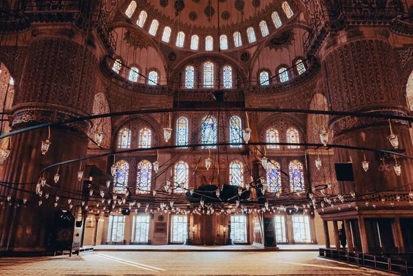 ISTANBUL, TURKEY CIRCA 2014 : Low light photography of interior view of Masjid Sultanahmet mosque (the Blue mosque)  in Istanbul, Turkey