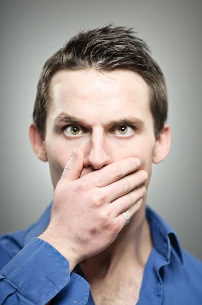 Caucasian Man Covering Mouth With Hands Portrait — Stock Photo, Image