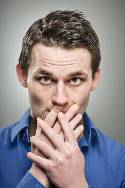 Caucasian Man Covering Mouth With Hands Portrait — Stock Photo, Image