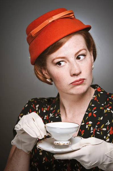 Retro Woman Passing Judgment While Drinking Tea — Stock Photo, Image