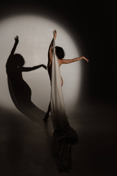 Seductive young woman dressed in sheet on white background. Portrait of naked girl, covered with sheet