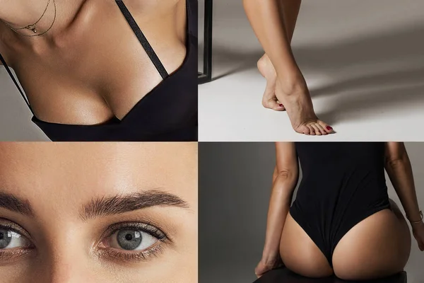 Collage Partes Del Cuerpo Una Hermosa Mujer Delgada Joven Posando —  Fotos de Stock