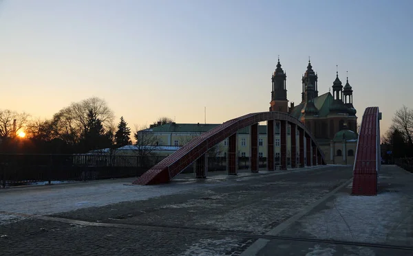 Sunset Jordan Bridge Cathedral Poznan Poland — Stockfoto