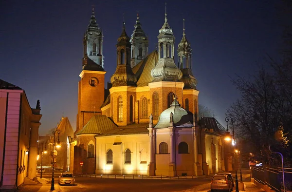 Back View Poznan Catherdal Night Ostrow Tymski Poznan Poland — Stockfoto