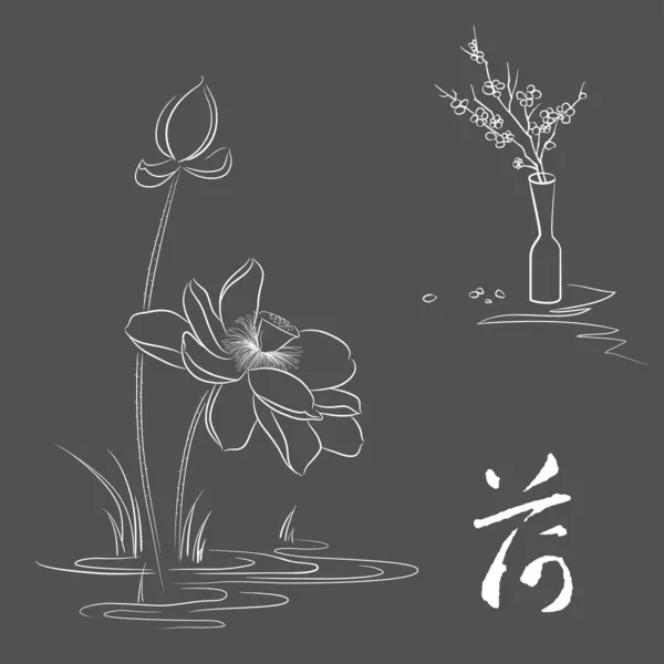 Dessin au trait de lotus et de fleur de prunier . Vecteur En Vente