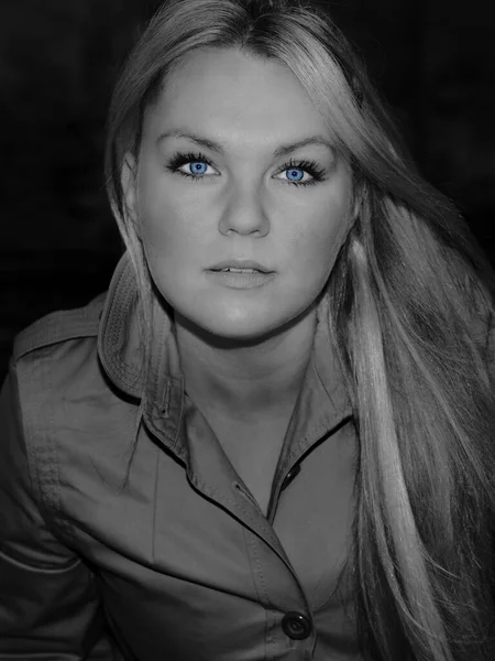 Portrait Beautiful Young Woman Blue Eyes Blond Hair Black White Stock Picture