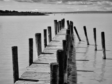 Neusiedlersee 'deki sütunlar üzerindeki tahta köprü siyah beyaz, Avusturya
