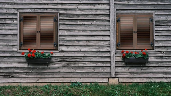 Detalhe Fachada Uma Casa Madeira Com Cravos Vermelhos Sob Janelas — Fotografia de Stock