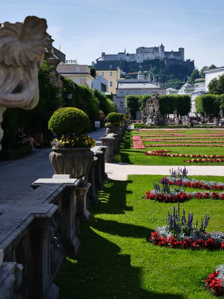 Mirabell Garden Fence Flowers Fortress View Salzburg Austria Summer — Stock Photo, Image