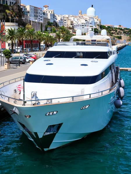 Front View White Yacht Moored Port Mahon Island Menorca Spain — Stockfoto