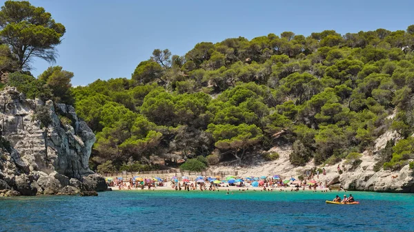 Beautiful Sandy Beach Rocks Trees Menorca Spain — Foto de Stock