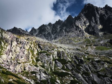 Yazın Vysoke Tatry (Yüksek Tatras) kayalık dağlar ve şelale, Slovakya, Avrupa