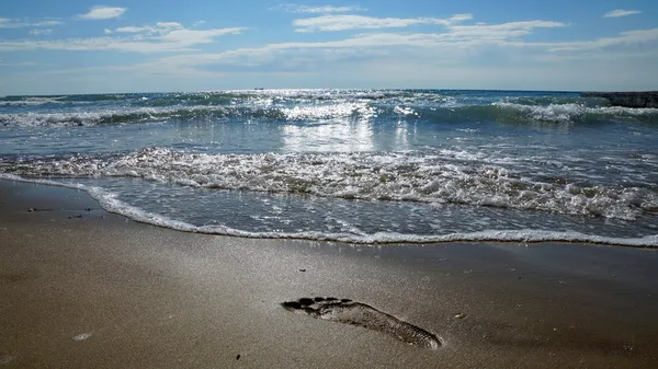 Pied de sentier sur le sable mouillé du bord de mer — Photo