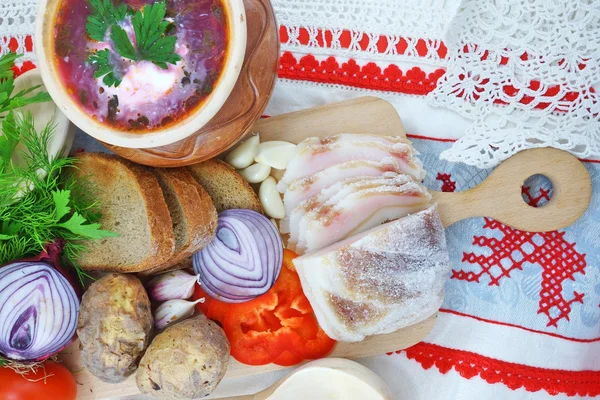 Ukrainian borsch with bacon and vegetables — Stock Photo, Image