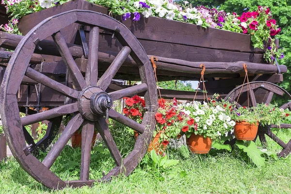 Carro de madera con flores — Foto de Stock