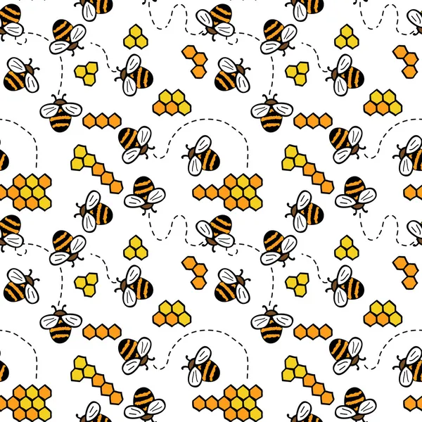 Cute seamless pattern with bees, honey and chamomiles — Stock Photo, Image